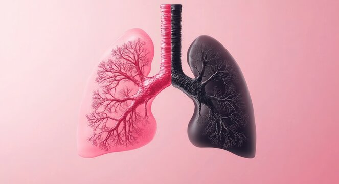 split pair of human lungs with pink healthy left lung showing tree-like bronchi and a blackened right lung connected to trachea on soft pink background, conveying contrast and concern