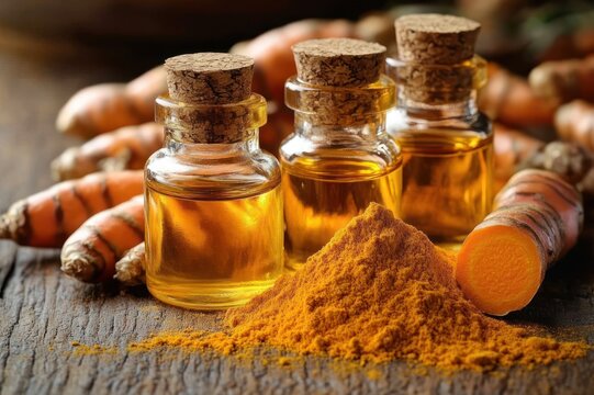 Three small corked glass bottles of golden turmeric oil with a mound of bright orange turmeric powder and fresh turmeric roots and slices on a rustic wooden surface, warm and inviting
