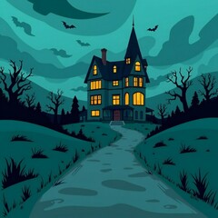 Fototapeta premium An old, mysterious mansion stands alone in a dark, eerie forest at dusk