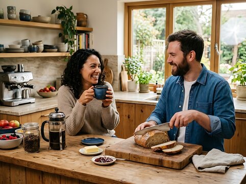 A happy couple enjoys a relaxed morning in their kitchen, sharing coffee and freshly baked bread
