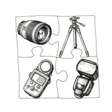 Photography equipment puzzle pieces together.