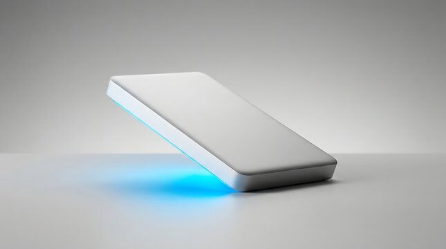 Modern external hard drive or SSD device with glowing blue light on minimalist studio background