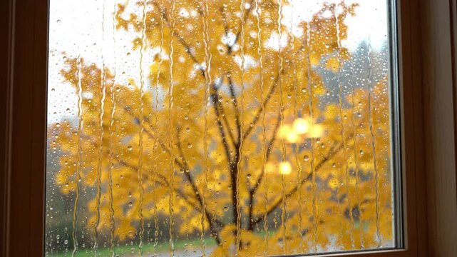 Raindrops sliding down window with yellow autumn tree outside