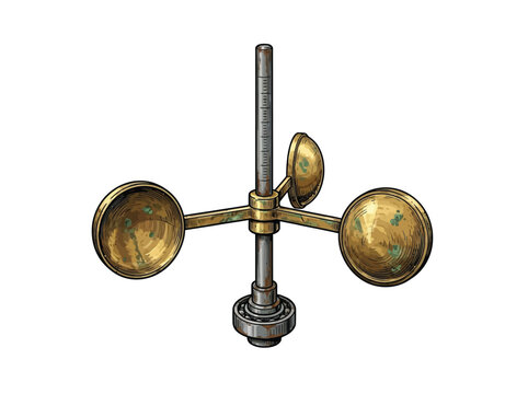 Antique Anemometer Wind Speed Gauge With Central Metal Rod, Three Rotating Brass Cups, And Graduated Measurement Scale For Wind Velocity Vector Illustration