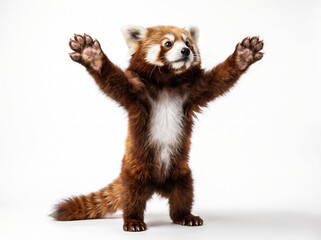 Fototapeta premium Photorealistic low-angle shot of a young Red Panda standing on its hind legs, front paws outstretched wide in a dramatic 