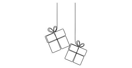 Fototapeta premium Minimalist continuous line art illustration of two hanging gift boxes with minimalist