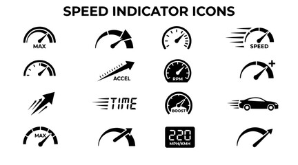 Obraz premium A collection of black and white icons representing speed, acceleration, and performance metrics for various applications.