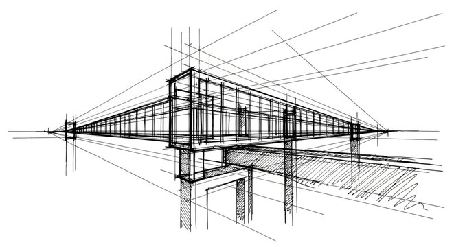 Architectural draft sketch of modern elevated bridge pathway structure in perspective