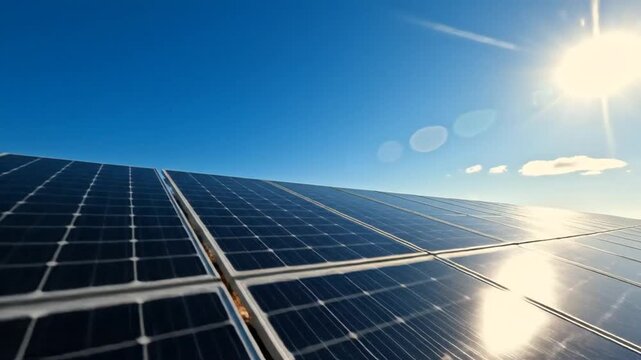 Low angle view of modern solar panel array generating clean energy on sunny day with blue sky and sun flare