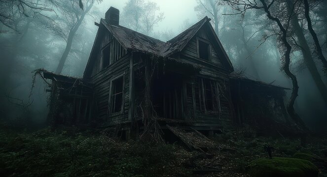 Abandoned dilapidated wooden house with broken windows and sagging porch, overrun by vines and roots in a foggy moss-covered forest, eerie and foreboding mood