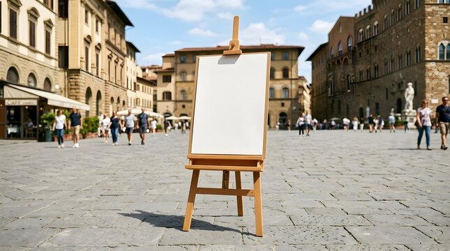Empty Easel with Blank Canvas in Historic European Piazza