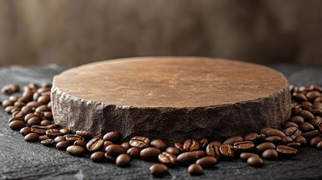 Round rustic stone pedestal surrounded by scattered roasted coffee beans on a dark textured tabletop, warm inviting cozy still life