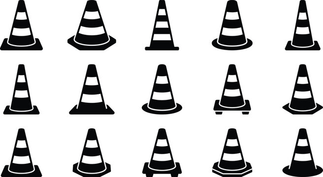Traffic Cone Vector Icon Silhouette Set for Road Safety Construction Barriers and Under Maintenance Design