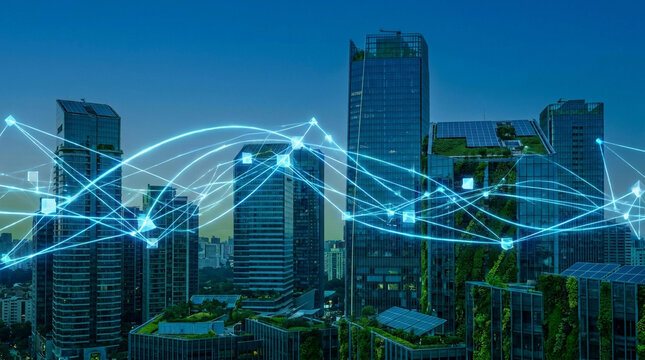 Conceptual double exposure photograph merging a glowing digital brain network with modern city skyscrapers, illustrating the incredible power of artificial intelligence.