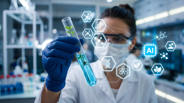 Woman in lab coat and mask holding test tube with blue liquid and green plant AI icons floating nearby in modern laboratory setting with blue lighting