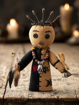 Mysterious Voodoo Doll with Pins, Feathers, and Skull Charm on Rustic Wood with Candlelight