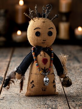Mysterious Burlap Voodoo Doll with Pins, Skull Pendant, and Feathers on Wooden Table