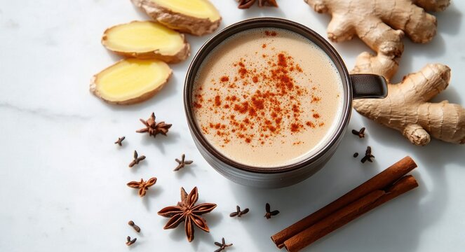Cozy creamy spiced ginger latte in a dark mug surrounded by fresh ginger root and slices, star anise, cloves and cinnamon sticks on white marble