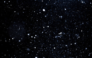 Fototapeta premium Snowflakes on transparent background. Heavy snowfall with flying particles. Snow overlay texture on black background. Falling snowflakes creating winter ambiance. Realistic snowfall layer.