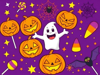 Fototapeta premium Happy ghost surrounded by jack-o-lanterns and candy on a purple background