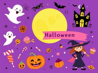 Fototapeta premium A vibrant and playful illustration of halloween with a witch, ghosts, and pumpkins