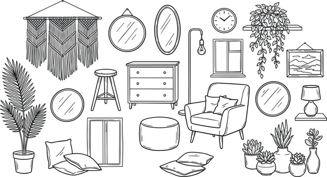 Boho home decor and furniture hand drawn doodle elements set vector illustration featuring macrame armchair plants and mirrors
