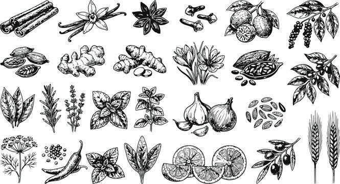 Botanical Ingredients Collection with Spices Herbs and Fruits on White Background Hand Drawn Sketch