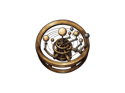 An Antique Brass Orrery Showing The Solar System With Intricate Gears And Planetary Models Inside A Circular Frame In A Vintage Style Vector Illustration