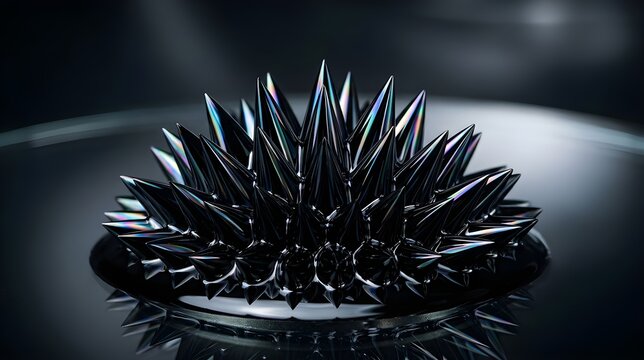 Bentuk Duri Cairan Ferrofluid Hitam Mengkilap Di Atas Permukaan Magnetik