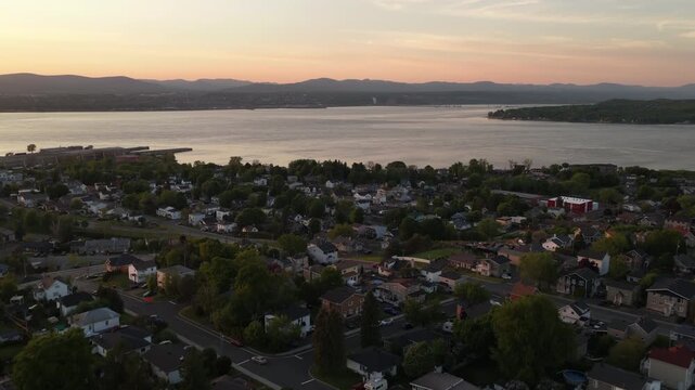 Aerial view of Quebec City and Levis straddling the St Laurence River