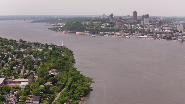Aerial view of Quebec City and Levis straddling the St Laurence River