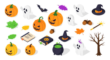 Isometric halloween icons with pumpkins ghosts and magic tools © kucir