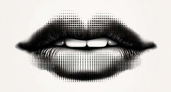 monochrome halftone lips slightly parted revealing front teeth, dotted close-up with sensual and playful expression