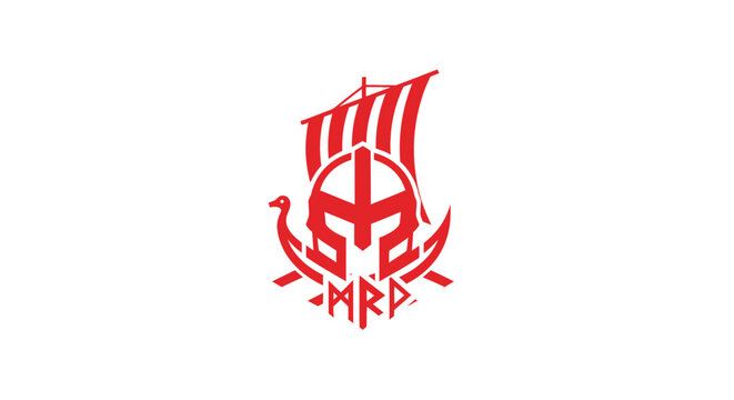 Red viking helmet and longship emblem with runic text