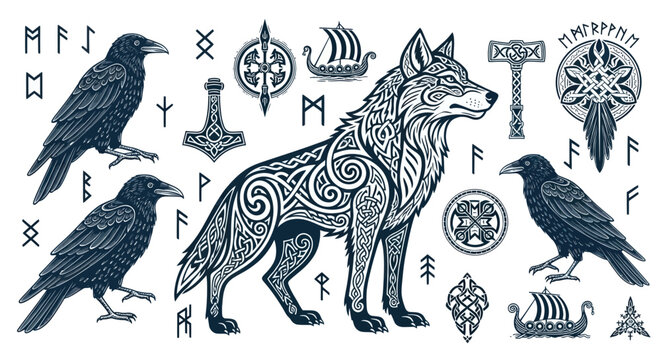 Norse mythology wolf and ravens with runes and ancient symbols