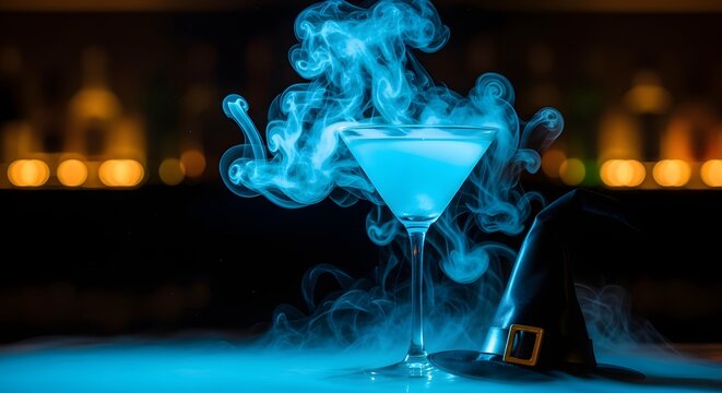 Spooky blue cocktail with dry ice smoke and witch hat