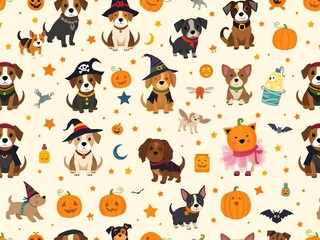 Fototapeta premium Cute dogs in adorable halloween costumes with pumpkins and bats