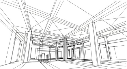Fototapeta premium Modern architectural draft illustration showing a perspective wireframe view of a minimalist interior space with structural beams