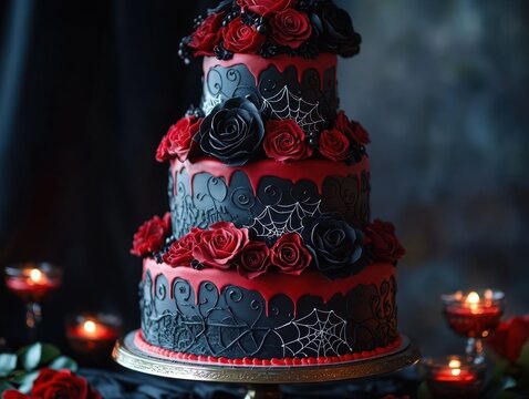 three-tier black and red gothic cake with sugar roses, spiderweb piping and red drip icing on a gold stand, surrounded by candles and rose petals, moody romantic atmosphere