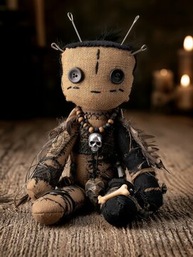 Mysterious Voodoo Doll with Skull Pendant and Pins on a Rustic Wooden Surface