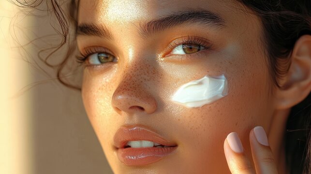 close up portrait of a young woman with freckles applying white facial cream under her eye in warm sunlight, glowing skin, soft smile and serene confident expression