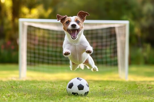 Small brown and white dog leaping midair toward a soccer ball in front of a goal on a sunny grassy field, joyful and playful expression