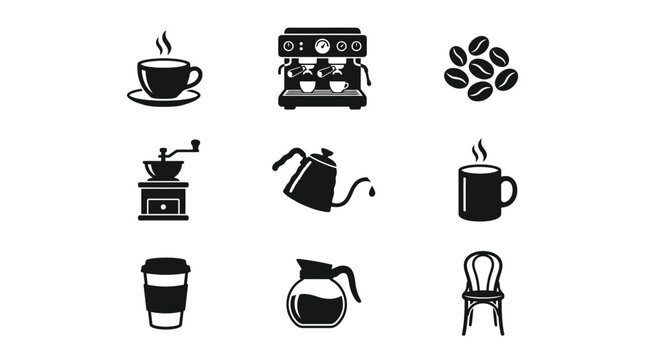 Black and white coffee icons set.