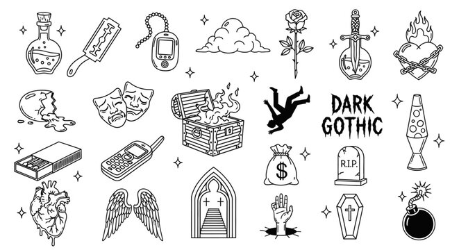 Dark gothic symbols and objects arranged on a white surface