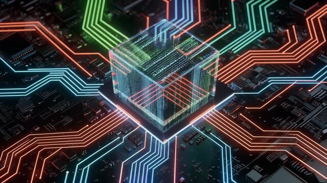 Futuristic digital landscape with a glowing transparent cube pulsing vibrant data streams and technology energy
