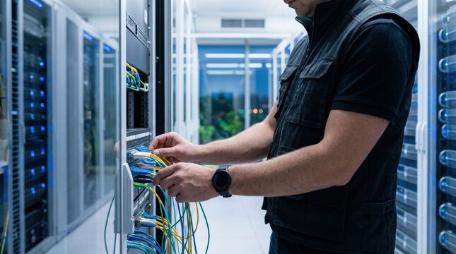 IT specialist connecting network cables in server room data center, technology infrastructure maintenance and digital communication systems management concept