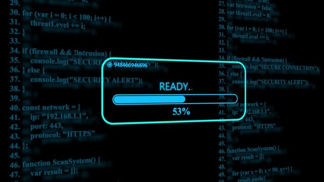 Digital loading progress bar with blue programming code background, for cyber security, and software development concepts