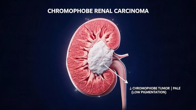 3D Cutaway Medical Illustration of Chromophobe Renal Carcinoma, Sagittal Cross Section of Human Kidney Showing Large Pale Low-Pigmentation Malignant Tumor, Urology Oncology Educational Visual with Tit