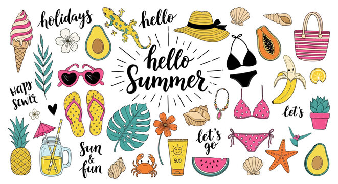 Vibrant summer stickers display with fun objects and greetings on white