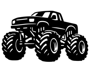 Vector silhouette of monster truck with oversized tires and elevated body. Minimalist design symbolizing power, motorsport, and off‑road performance. © Suriya
